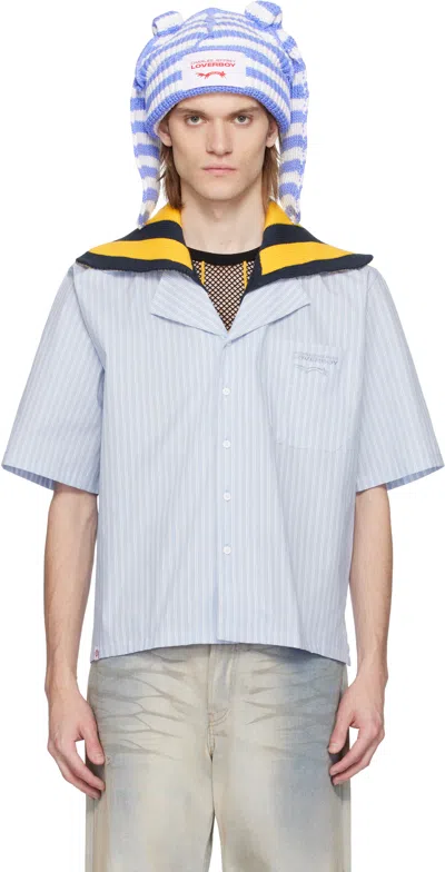 Charles Jeffrey Loverboy Blue & White Knit Collar Shirt In Blue Stripe Shirting