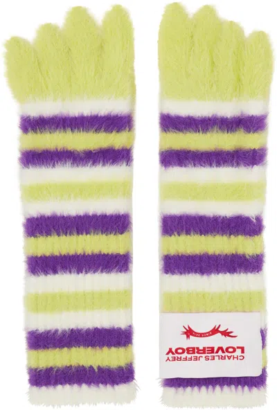 Charles Jeffrey Loverboy Green & Purple Fluffy Striped Gloves In Green-purple