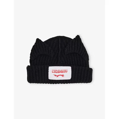 Charles Jeffrey Loverboy Mens Chunky-ear Logo-patch Knitted Wool-blend Beanie Hat Black