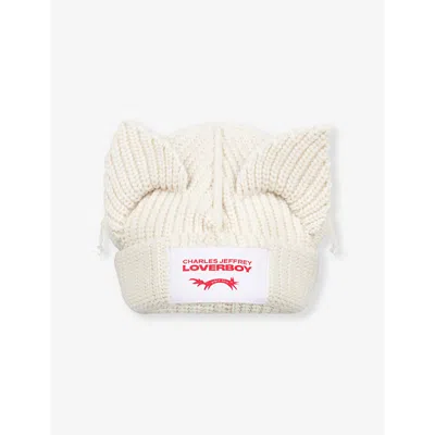 Charles Jeffrey Loverboy Mens Chunky Ear Logo-patch Knitted Beanie Ecru