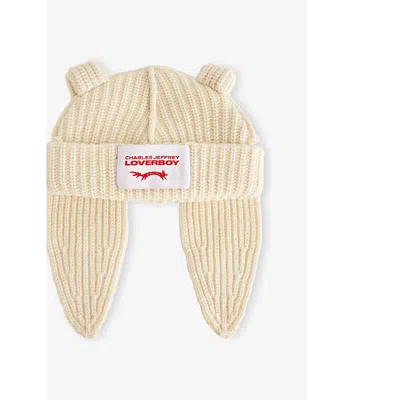 Charles Jeffrey Loverboy Mens Ecru Rabbit Logo-patch Knitted Beanie
