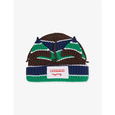 Charles Jeffrey Loverboy Mens Chunky-ear Logo-patch Knitted Cotton Beanie Hat Green,navy,brown Stripe