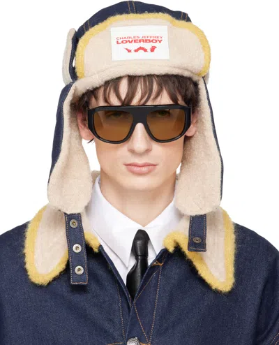 Charles Jeffrey Loverboy Navy & Beige Knit Patch Trapper Hat In Multi