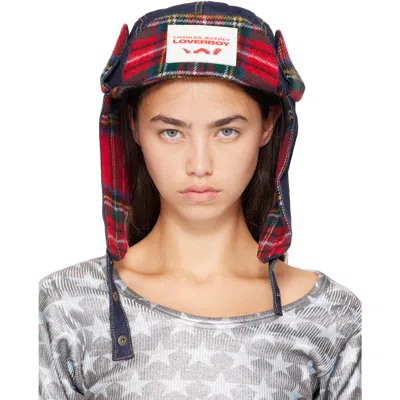 Charles Jeffrey Loverboy Navy & Red Trapper Hat In Indigo Denim + Red T