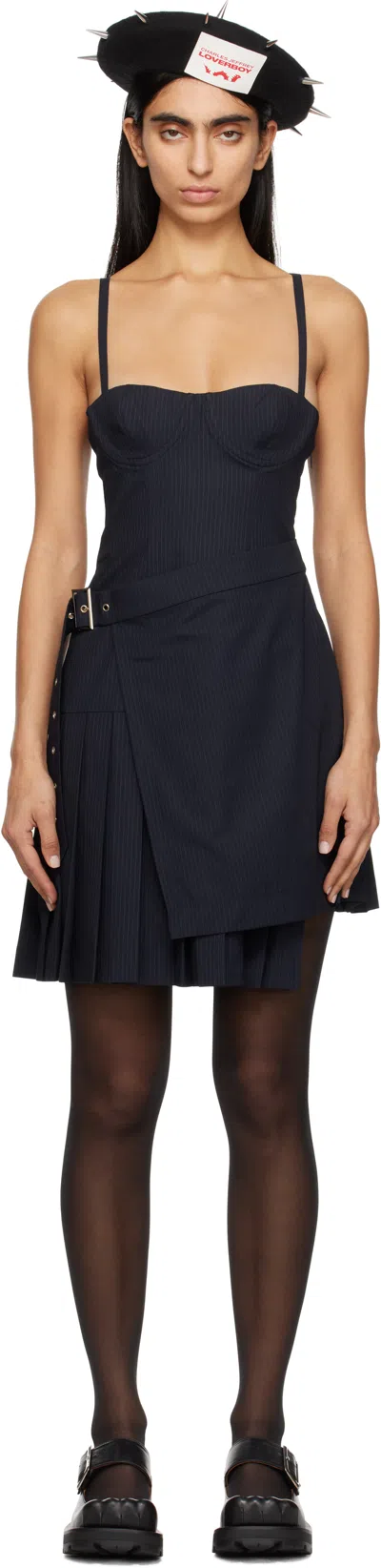 Charles Jeffrey Loverboy Navy Kilt Minidress In Navy Pinstripe