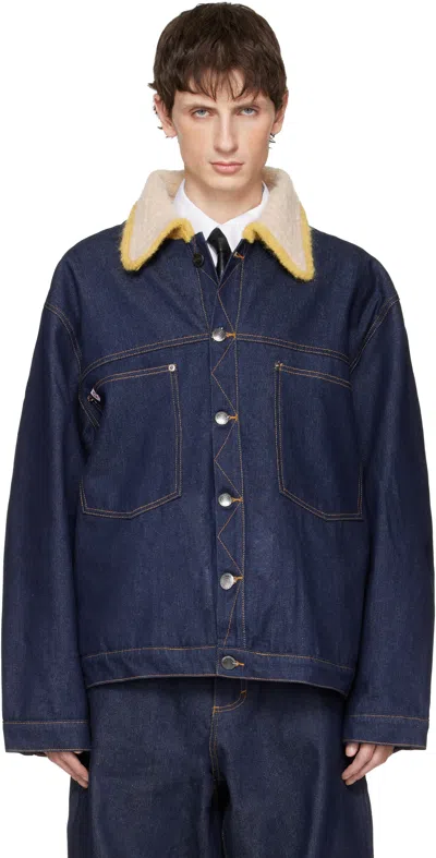 Charles Jeffrey Loverboy Navy Knitted Collar Denim Jacket In Blue