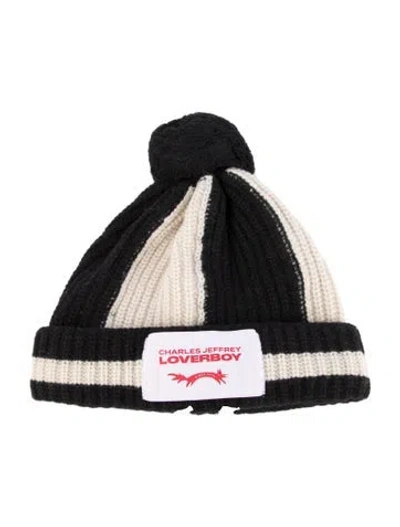 Pre-owned Charles Jeffrey Loverboy Pom Pom Accent Knit Beanie In Black/neutrals