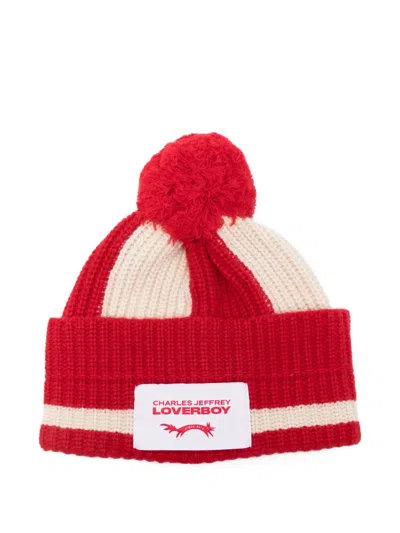 Charles Jeffrey Loverboy Pompom Striped Beanie In Red