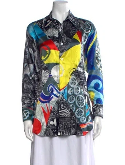 Pre-owned Charles Jeffrey Loverboy Silk Graphic Print Button-up Top In Blue