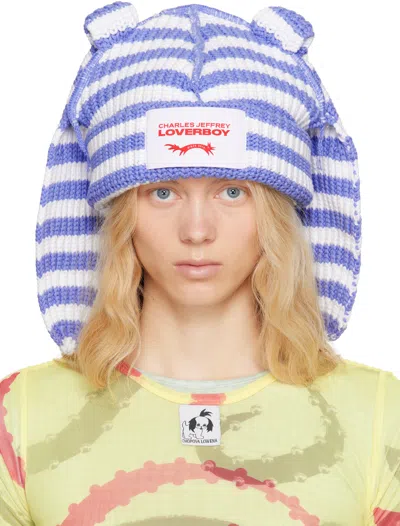 Charles Jeffrey Loverboy Ssense Exclusive Blue & White Chunky Rabbit Beanie In Blue White Stripe
