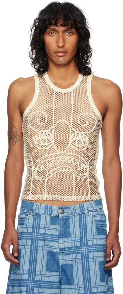 Charles Jeffrey Loverboy Ssense Exclusive Off-white Graphic Net Tank Top In Ecru Ecru