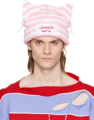 Charles Jeffrey Loverboy Ssense Exclusive Pink & White Chunky Ears Beanie In Pink + White Pnk