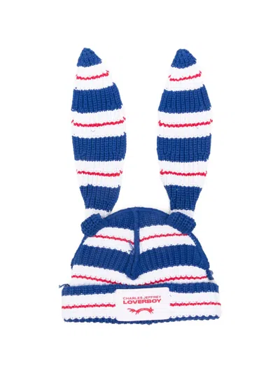Charles Jeffrey Loverboy Striped Rabbit Beanie Hat In Blue
