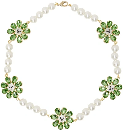 Charles Jeffrey Loverboy White & Green Crazy Daisy Pearl Necklace In Pearl/emerald
