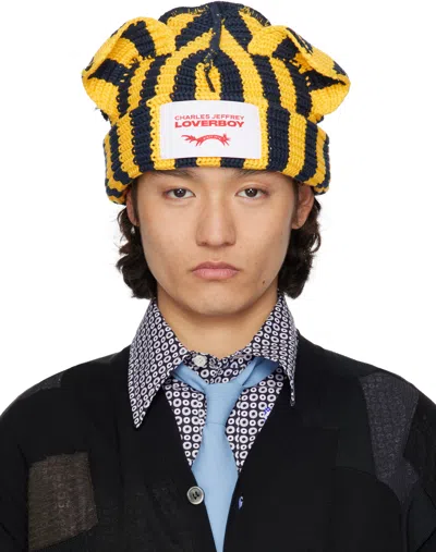 Charles Jeffrey Loverboy Yellow & Navy Chunky Ears Beanie In Yellow + Navy Stripe
