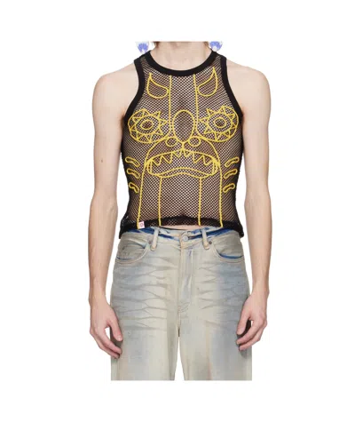 Charles Jeffrrey Loverboy Ssense Exclusive Black  Yellow Graphic Net Tank Top In Nude
