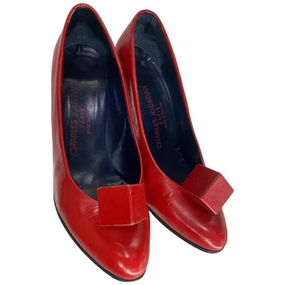 Pre-owned Charles Jourdan 1970  Crimson Red High Heeled Pumps W/ Signature Cube Ornament