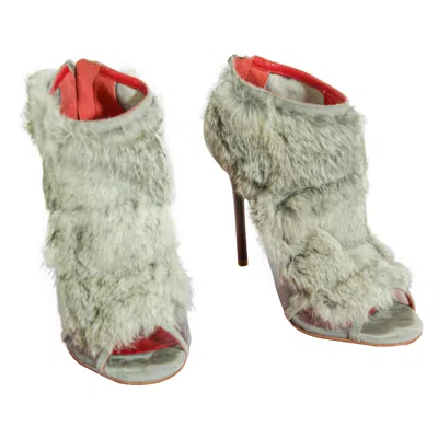 Pre-owned Charles Jourdan Paris Fur Stiletto Peep Toe Ankle Boots Leather Heels Gray 9 M