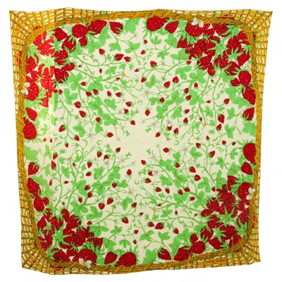 Pre-owned Charles Jourdan Paris Strawberry Silk Scarf 53 Inches Square In Green