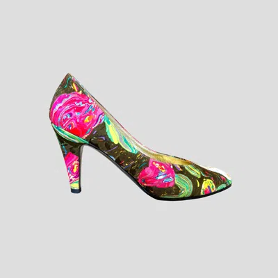 Pre-owned Charles Jourdan Shoes - 1980s Vintage - Paint Brush Print Silk In Gray