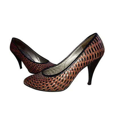 Pre-owned Charles Jourdan Size 5 Vintage  Black + Brown Leather Wicker Heels / Shoes Size 5