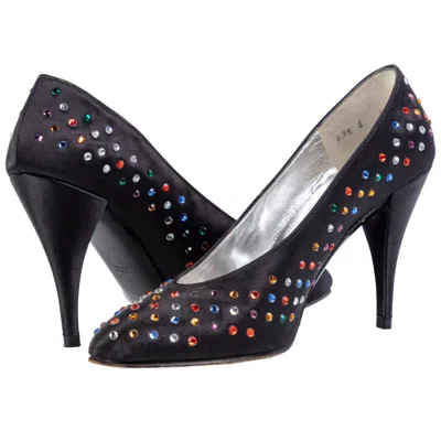 Pre-owned Charles Jourdan Vintage  Black Silk Multicolored Jewel Pumps