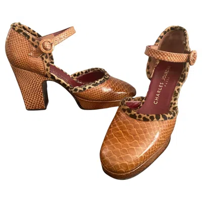 Pre-owned Charles Jourdan Vintage Snakeskin Leather & Leopard Print Fur Trim Shoes Size 6 In Brown