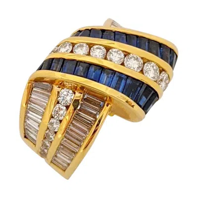 Pre-owned Charles Krypell 18 Karat Gold Ribbon Ring With Blue Sapphires And Diamonds