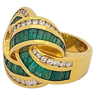 Pre-owned Charles Krypell 18 Karat Yellow Gold, 2.59 Carat Emeralds And Diamond Knot Ring