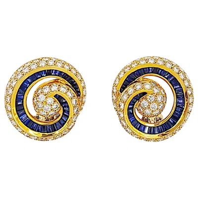Pre-owned Charles Krypell 18 Karat Yellow Gold Diamond And Blue Sapphire Nautilus Earrings