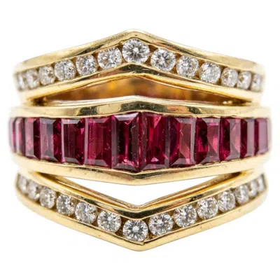 Pre-owned Charles Krypell 18k Gold Ruby Diamond Chevron Band Ring In Multi