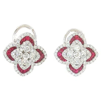 Pre-owned Charles Krypell 18k White Gold Clover Earrings With Diamonds & Rubies