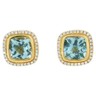 Pre-owned Charles Krypell 18k Yellow Gold Dia. Halo Aquamarine Cushion 2.73ctw Earrings