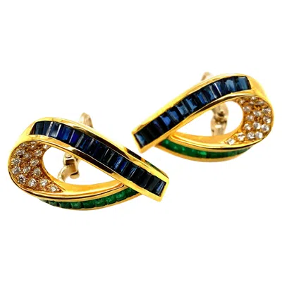 Pre-owned Charles Krypell 18k Yellow Gold Earrings With Blue Sapphire, Emeralds & Diamond