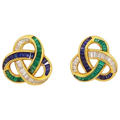 Pre-owned Charles Krypell 18kt Gold, Baguette Diamond Emerald & Sapphire Knot Clip Earring In Green