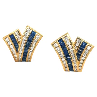 Pre-owned Charles Krypell 18kt Yellow Gold 1.97ct Blue Sapphire 1.23ct. Diamond Earrings