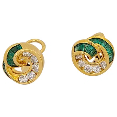 Pre-owned Charles Krypell 18kt Yellow Gold Earrings With 1.01ct. Emeralds & .68ct Diamonds