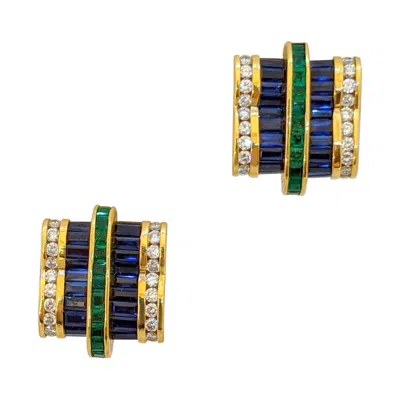 Pre-owned Charles Krypell 18kt Yg Invisibly Set Diamond, Blue Sapphire & Emerald Earrings In Green