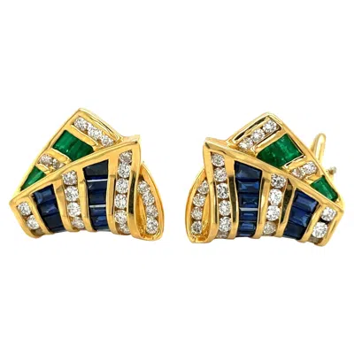 Pre-owned Charles Krypell 18kt Yg Ribbon Earring With Diamonds, Emeralds & Blue Sapphires