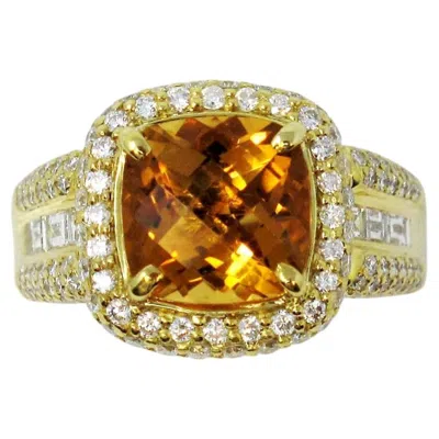 Pre-owned Charles Krypell Cushion Checkerboard Citrine And Diamond Halo Ring 18 Karat Gold In Multi