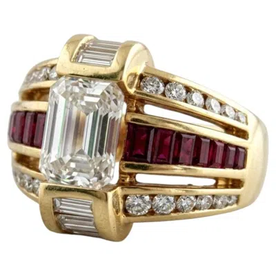 Pre-owned Charles Krypell Emerald Cut Diamond, Ruby And Diamond Ring In Green
