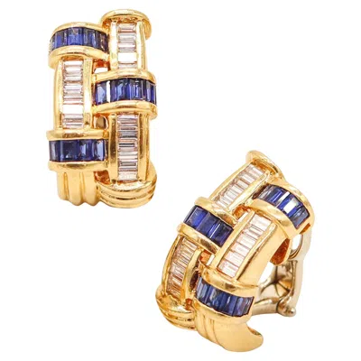 Pre-owned Charles Krypell Hoops Earrings In 18kt Gold 3.94 Ctw In Diamonds & Sapphires In Multi