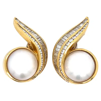 Pre-owned Charles Krypell Mabé Pearls Diamond Gold Ear Clips In Multi