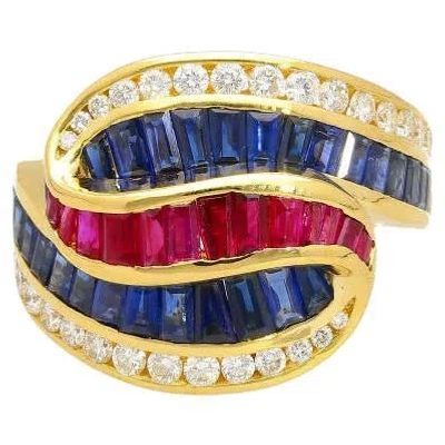 Pre-owned Charles Krypell Multi-gem 3 Carat Baguette Cut Cluster Ruby, Blue Sapphire & Diamond Ring