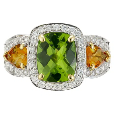Pre-owned Charles Krypell Peridot Citrine Diamond Gold Cocktail Ring In Multi