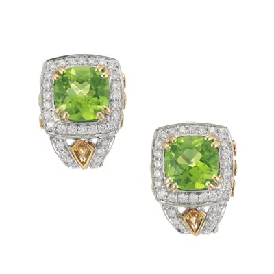 Pre-owned Charles Krypell Peridot Yellow Sapphire Diamond Gold Earrings