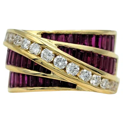 Pre-owned Charles Krypell Ruby And Diamond Crossover Band Ring In 18 Karat Yellow Gold