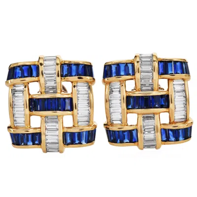 Pre-owned Charles Krypell Sapphire Diamond 18k Gold Statement Earrings In Blue