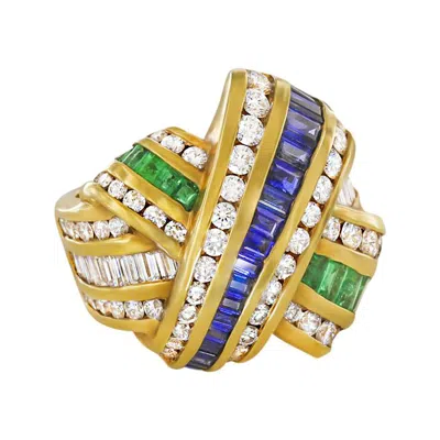 Pre-owned Charles Krypell Sapphire, Diamond, And Emerald Cross-over Ring In Green