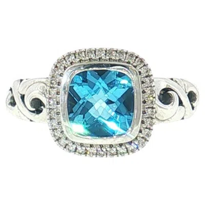 Pre-owned Charles Krypell Sterling Silver Blue Topaz & Diamond Halo Ring